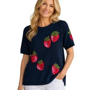 The Quacker Factory Vintage Sweater Womens Large Navy Strawberry Short Sleeves